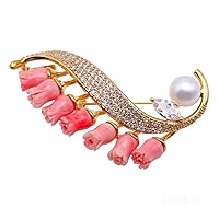 JYX Pearl Coral Brooch 9mm White Freshwater Pearl and Coral Brooch Pin For Women Bride Dress Christmas Brooches