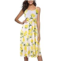 Women's Bohemian Swing Dress Beach Sleeveless Midi Flowy Round Neck Trendy Glamorous Casual Loose-Fitting Summer Print Yellow
