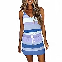 Casual Dresses for Women Stripe V Neck Spaghetti Strap Dress Drawstring Beach Sleeveless Tank Short Mini Dresses