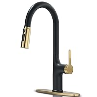 Kitchen Faucets, Black and Gold Kitchen Faucet with Pull Down Sprayer, High Arc Stainless Steel Kitchen Sink Faucet, Modern Brass Kitchen Faucet 1 or 3 Hole, Brushed Gold/Matte Black