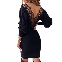 Women Sexy Backless Cutout Lace V-Neck Waist Long Sleeve Midi Dress