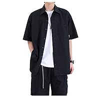 通用 Spring/Summer Cotton Mid Sleeve Shirt Men's Loose Casual Lapel Top Cotton Cardigan Jacket,4,L