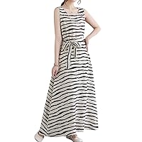Women's Summer New Retro Loose Fitting Dress Cotton Linen Stripe Lace up Sleeveless Long Dress