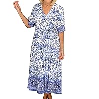 Women Bohian Long Sleeve Tunic Dress EleFloral Printed Long Dress Cn Summer Pleated Dresses with Pockets