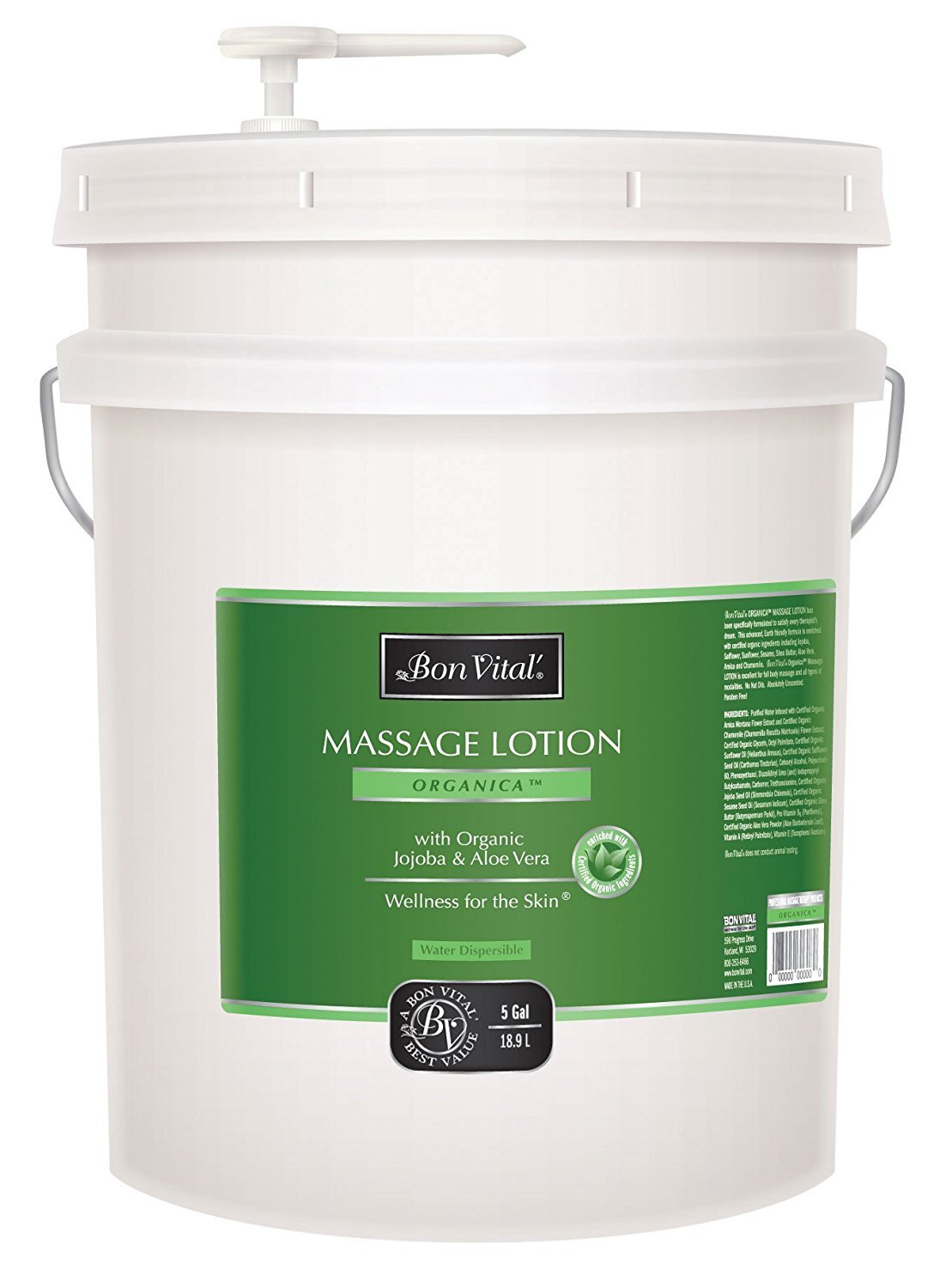 Bon Vital' Organica Massage Lotion Made with Certified Organic Ingredients for an Earth-Friendly & Relaxing Massage, Natural Moisturizer Perfect Lotion for Relaxing Back & Neck Massages, 5 Gallon Pail