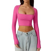 Women Long Sleeve T-Shirts Solid Color Square Neck Bottoming Tee Shirt Basic Crop Tops Slim Fit Y2k Tops