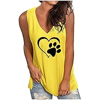 Women's Dog Paw Love Heart Tank Tops Dog Lover Shirts Cute Dog Mom Tops Summer Casual Sleeveless V Neck T-Shirt