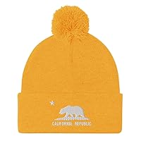 California Republic Hat (Embroidered Pom-Pom Beanie) Monotone Bear & Star, Cali Flag