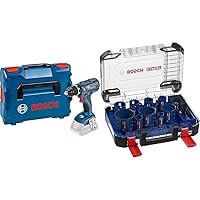 Bosch Professional 18V System Cordless Screwdriver GSR 18V-28 (without Battery and Charger, in L-BOXX) + 14-Piece Expert Tough Material Hole Saw Set (for Wood with Metal, Diameter 20-76 mm, Drill