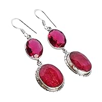 Ruby & Pink Quartz Gemstone 925 Solid Sterling Silver Earrings Gorgeous Designer Jewellery For Girls