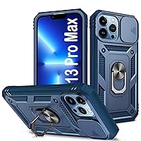 PASNEW for iPhone 13 Pro Max Case Military,Camera Cover Slide & 360°Rotate Magnetic Car Mount Holder Kickstand & Charge Port Dust Plug,Heavy Duty Full Body Shockproof Drop Hard Shell 13 Promax,Blue