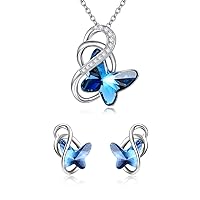AOBOCO Sterling Silver Infinity Butterfly Earrings & Necklace, Crystal from Austria, Butterfly Gifts for Butterfly Lovers, Anniversary Birthday Jewelry Gifts for Women