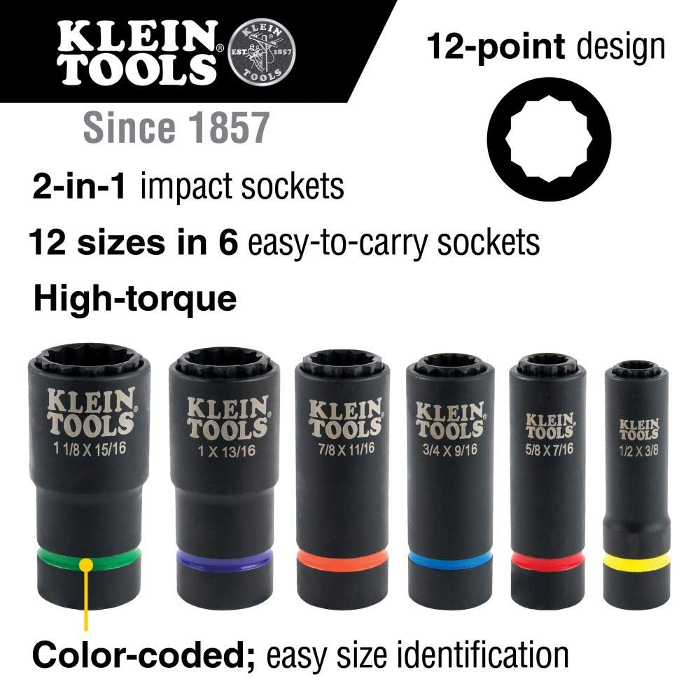 Klein Tools 66010 2-in-1 Impact Socket Set, 6-Piece Tool Set with 12-Point Deep Sockets with 1/2-Inch Drive, Includes Tool Case