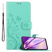 Book Case Compatible with Samsung Galaxy A22 5G in Floral Turquoise - Cover in Flower Design with Magnetic Closure, Stand Function and 3 Card Slots - Wallet Etui Pouch PU Flip
