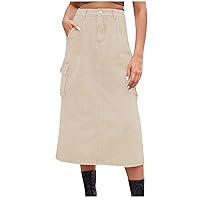 Women's Spring Denim Skirt Solid Color Elegant Pencil Skirt Casual Cargo Skirt with Flap Pocket Stretchy Fashion Long Skirt