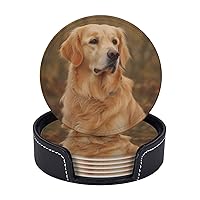 Golden Retriever Printed Drink Coasters with Holder Leather Coasters Set of 6 Tabletop Protection Decorate Cup Mat for Coffee Table Bar Kitchen Dining Room