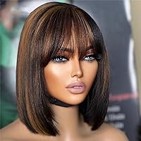 180 Density Highlight Brown Colored Bone Straight Human Hair Bob Wigs 1B30 Highlight Bob Wig With Bangs For Women 13x4 HD Invisible Lace Front Wig Pre Plucked Brazilian Remy Hair Glueless Wig 16Inch
