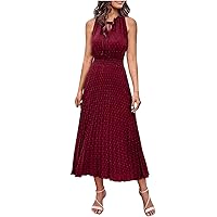Summer Dresses for Women 2023 Casual Sleeveless Tie Round Neck Slim Fit and Flare Tunic Pleated Hem Long Sun Dresses