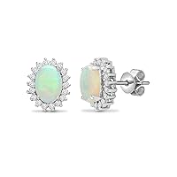 Oval Opal Diamond Cluster Stud Earring for Women's & Girl's 925 Sterling Silver 14K White Gold Over