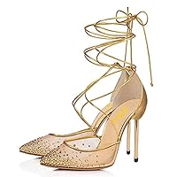 FSJ Women High Heel Ankle Strap Sandals Pointed Toe Rivets Pumps PVC Club Dress Shoes with Studs Fashion Size 4-15 US