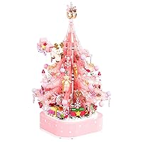 Pink Christmas Tree, Pink Christmas Tree 675 Building Block Toys Set, DIY Christmas Music Box Bricks Model Kit with LED Light, 3Pcs Storage Bags (Pink Tree)