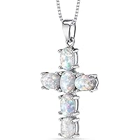 PEORA Created White Fire Opal Cross Pendant Necklace for Women 925 Sterling Silver, 3 Carats total Oval Shape, with 18 inch Chain