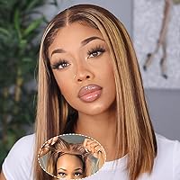 V SHOW Highlight Ombre Wear and Go Glueless Bob Wig Human Hair Pre Plucked Pre Cut Blonde 4/27 Transparent Lace Front Straight Short Bob Wig Human Hair Natural Hairline for Women 10Inch