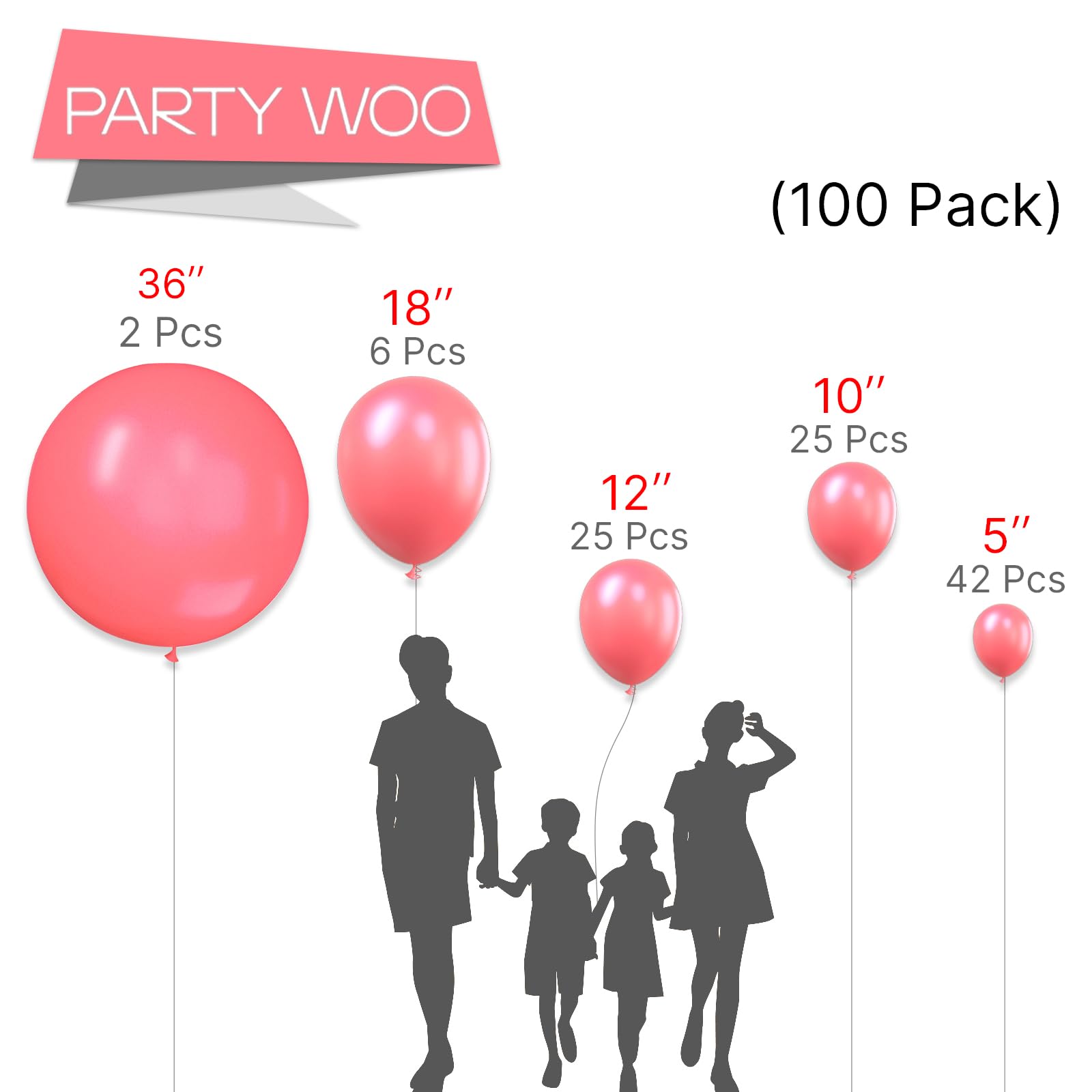 PartyWoo Watermelon Pink Balloons, 100 pcs Pink Balloons Different Sizes Pack of 36 Inch 18 Inch 12 Inch 10 Inch 5 Inch Pink Balloons for Balloon Garland or Balloon Arch as Party Decorations, Pink-Q11
