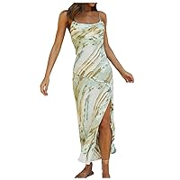 Women's Bohemian Dress Flowy Print Beach Round Neck Trendy Glamorous Swing Sleeveless Long Casual Loose-Fitting Summer