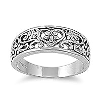 Sac Silver Rhodium Plated Heart & Flower Design Ring Artistic Fashion New Sizes 6-10