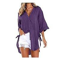 HHmei New Women Long Sleeve Boyfriend Button Down Shirts Asymmetrical Casual Lace Up Oversized Summer Beach Tunic Tops