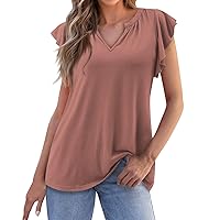 Women's V Neck Shirts Short Ruffle Sleeve Loose Fit Casual Tops Summer Fashion Vacation Lounge Tunic Blouse