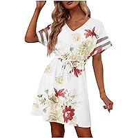 Lace Summer Dresses for Women 2023 Solid Drawcord Party Dress Gown Flowy Hem Short Sleeves Midi Dresses V Neck Fashion