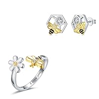925-Sterling-Silver Daisy Flower Bee Ring for Women- Bee Stud Earrings for Girls