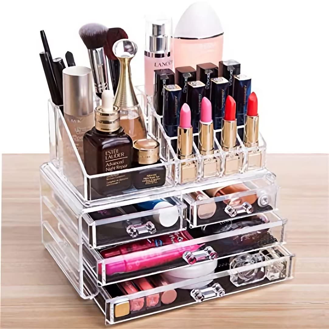 Cq acrylic Clear Makeup Organizer And Storage Stackable Skin Care Cosmetic Display Case With 4 Drawers Make up Stands For Jewelry Hair Accessories Beauty Skincare Product Organizing,Set of 2