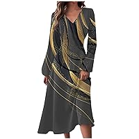 Dresses for Women Fall Winter Casual Fashion V-Neck Long Sleeve Gradient Print Long Dress