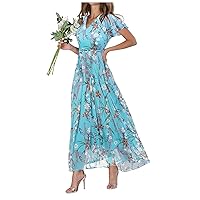 Dresses for Women 2024 Swing Long Dress Chiffon Floral Short Sleeve Ruffle V Neck Waist Flowy Dress