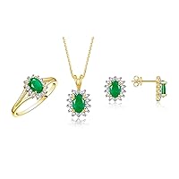 Rylos Simply Elegant Beautiful Green Emerald & Diamond Matching Set - Ring, Earrings and Pendant Necklace - May Birthstone*
