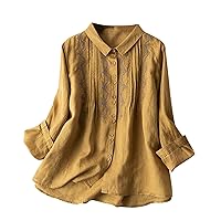Women Button Down Lace Embroidery Cotton Linen Shirts Summer Long Sleeve Lapel Casual Loose Fit Fashion Blosues