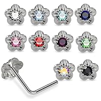 20 Pieces Box Set of Mix Colored Jeweled Flower Top 22 Gauge 925 Sterling Silver L Shape Nose Stud