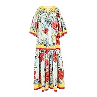 Summer Runway Bohemain Beach Long Dress Women's Bow Tie O-Neck Flare Sleeve Floral Print Chiffon Loose Dress