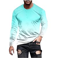 Men's Gradient Print Long Sleeve T-Shirt Trendy Color Block Loose Blouses Tops Crew Neck Casual Pullover Tees