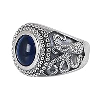 Octopus Ring for Men 925 Sterling Silver Sea Monster Kraken Squid Ring with Blue Stone Open Adjustable