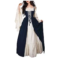 Medieval Renaissance Dresses for Women Victoria Square Neck Bell Sleeve Ruffled Swing Midi Dress for Party Cosplay