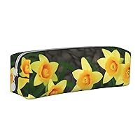 Narcissus Print Patterns Pencil Case Pu Leather Cute Small Pencil Case Pencil Pouch Storage Bag With Zipper