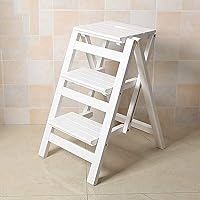 Step Ladder,2/3 Steps Sturdy Folding Wooden Ladder,Non-Slip Wide Tread Steps,Portable Adult Home Kitchen/Loft/Camping Footstool/Space Saving,Easy to Store/White/3 Layers