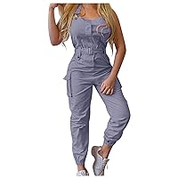 Summer Dresses for Women 2024 with Sleeves Mid Calf,Color Women's Pants Back Design Jumpsuit Pocket Solid Strap