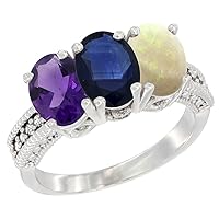 Silver City Jewelry 14K White Gold Natural Amethyst, Blue Sapphire & Opal Ring 3-Stone 7x5 mm Oval Diamond Accent, Sizes 5-10