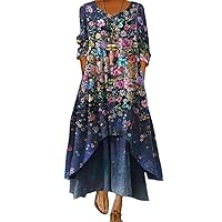 ZOCAVIA Women's Plus Size Boho Floral Printed Dress Beach Vintage Long Sleeve Crewneck Irregular Hem Tunic Maxi Dresses S-5XL