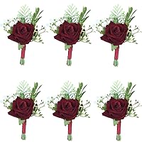 6Pieces/lot Groom Boutonniere Man Women Bride Wrist Corsage Artificial Wedding Flowers Party Decoration (Wine Red, Boutonniere)